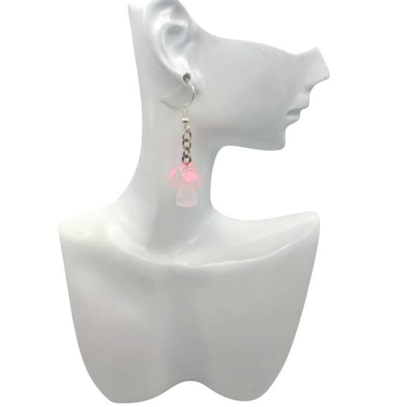 Glow in the Dark Mushroom Earrings Pink – Rave Festival Gamer Aesthetic - Picture 2 of 3